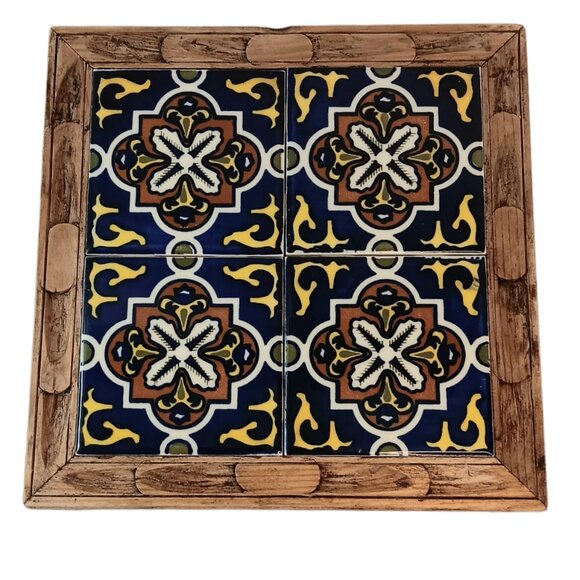Vintage Mexican Carved Wood Frame Four Inlaid Blue Yellow Tile Trivet Hot Plate - Picture 1 of 9